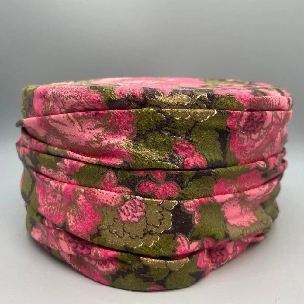 Vintage Pink Floral Pillbox Hat Metallic Gold Olive Green Pleated Bow 1960s